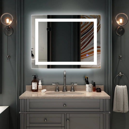 Zimtown Touch LED Bathroom Mirror Rectangle Light Strip Lighted Mirror 32x24 Silver