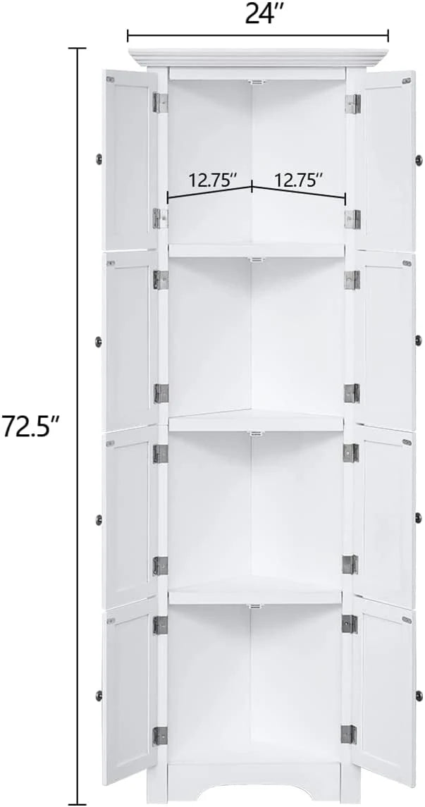 Yoleny Corner Storage Cabinet, Corner Hutch Cabinet with 8 Doors Organizer Solid Wood 90 Degree Storage Cabinet for Bathroom, Living Room, Kitchen, White