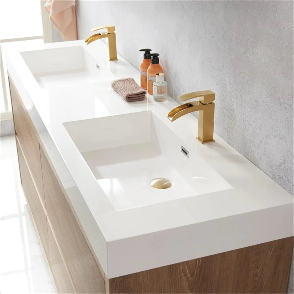Huesca 72" Double Sink Bathroom Vanity Natural Oak Wood White Top No Mirror