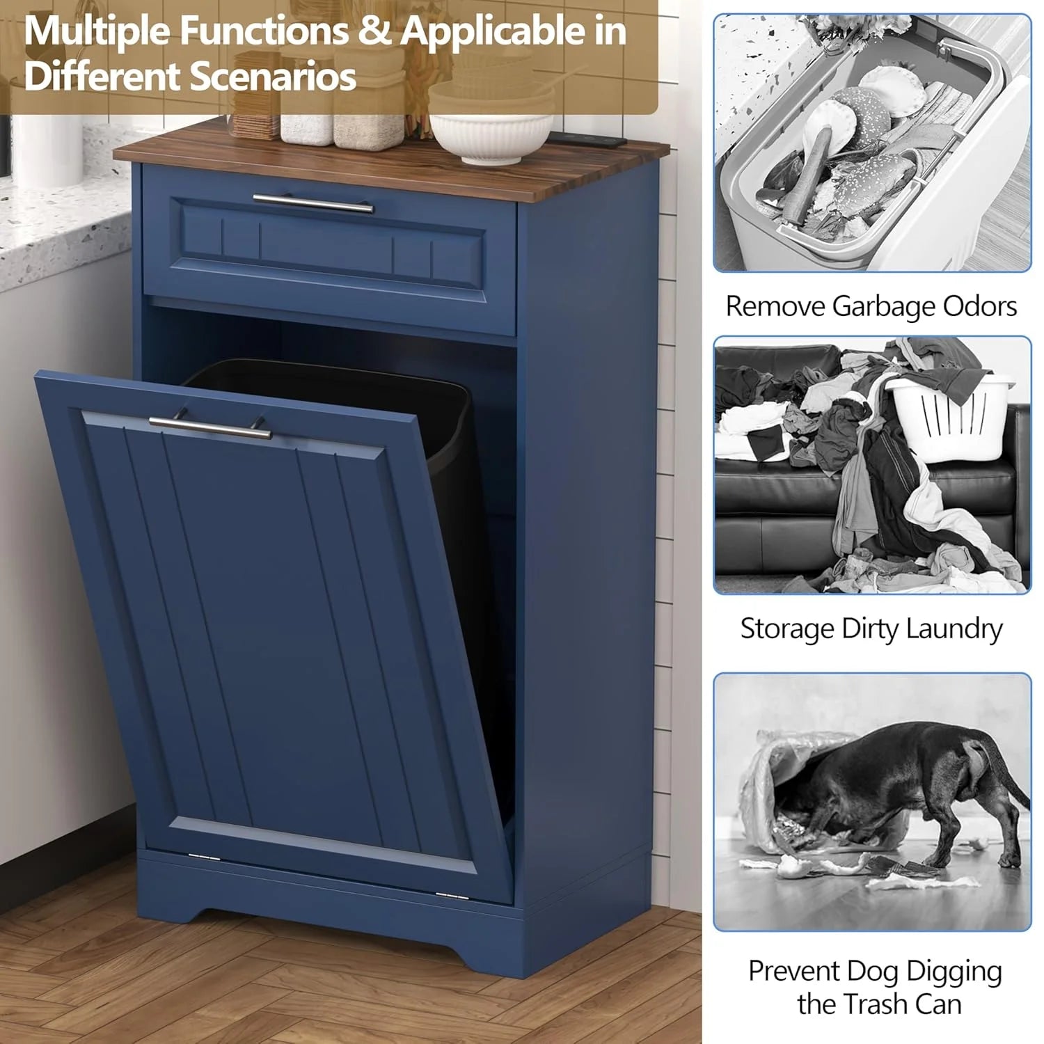 Single 10 Gallon Tilt Out Trash Can Cabinet with Deodorizing Function, Wooden Hidden Garbage Can Holder with Storage Drawers for Kitchen and Dining Room, Laundry Hamper Cabinet for Bathroom, Blue