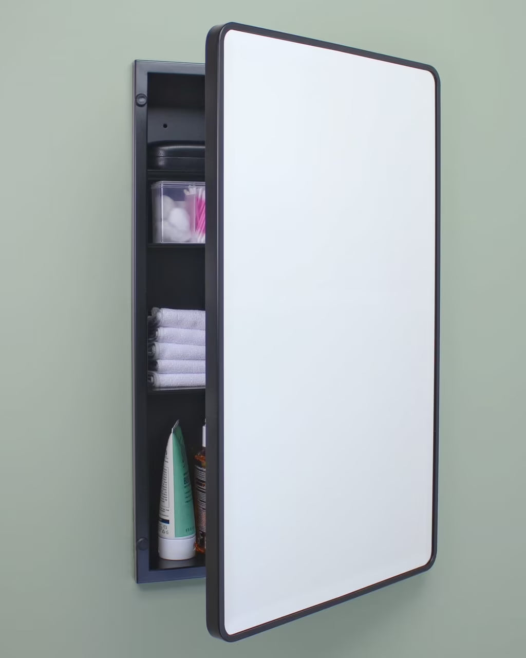16x26 Austin Farmhouse Metal Framed Rounded Rectangle Recessed Bathroom Medicine Cabinet, Beveled Mirror, 14x24 in-Wall Opening, Powder-coated Steel, Adjustable Glass Shelves, Magnet Close, Gold