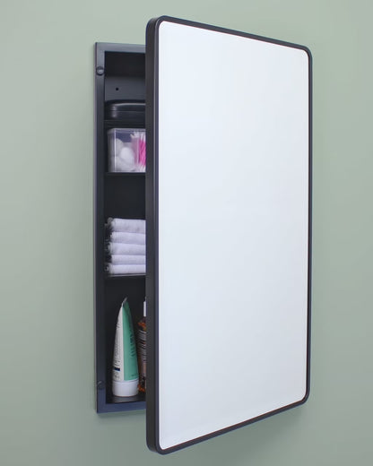16x26 Austin Farmhouse Metal Framed Rounded Rectangle Recessed Bathroom Medicine Cabinet, Beveled Mirror, 14x24 in-Wall Opening, Powder-coated Steel, Adjustable Glass Shelves, Magnet Close, Gold