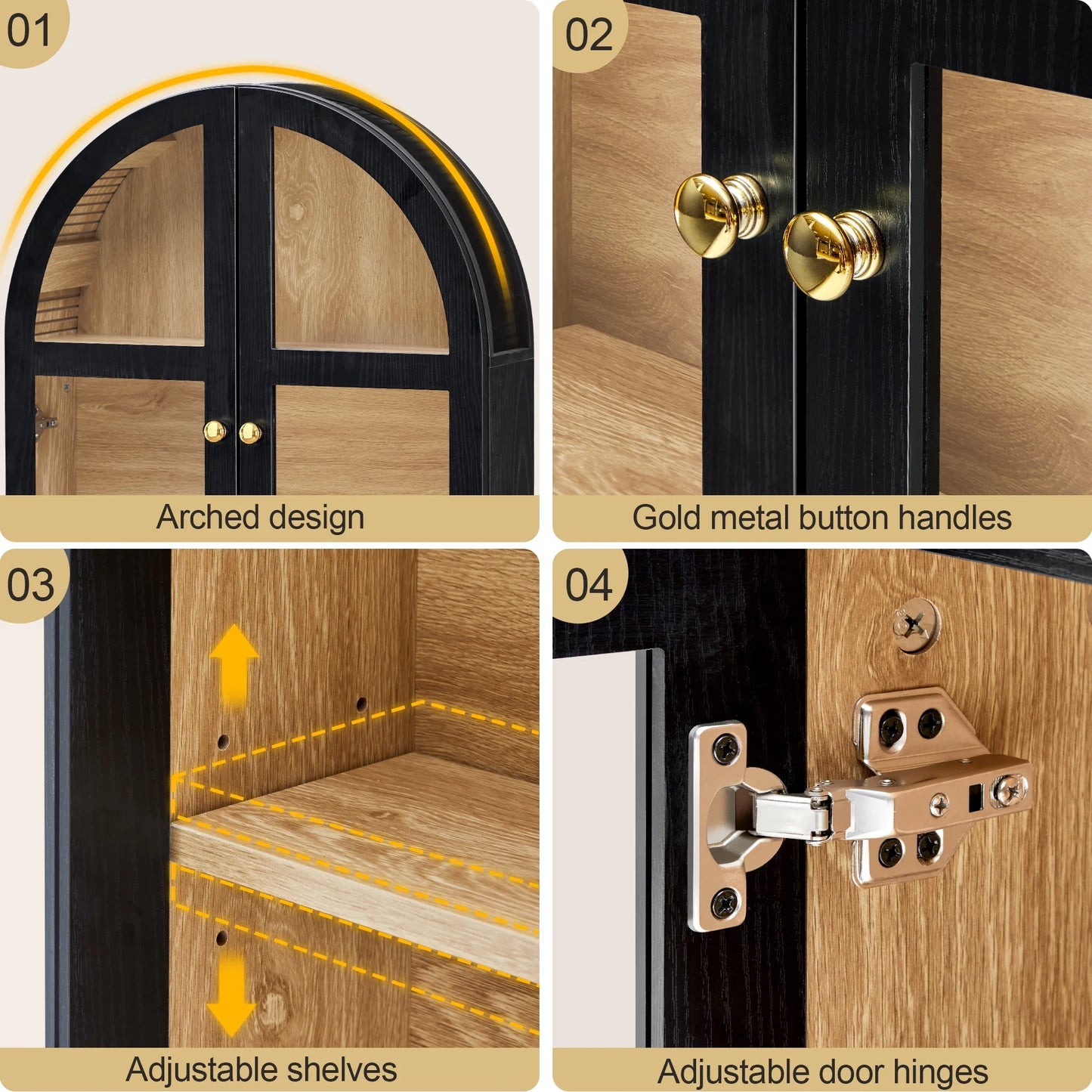 LEFHDA Arched Wall Cabinet with Glass Door, Black Open Storage Cabinet, Hanging Bathroom Shelf, Modern Wall Bathroom Cabinet with Adjustable Shelf Gold Metal Handles