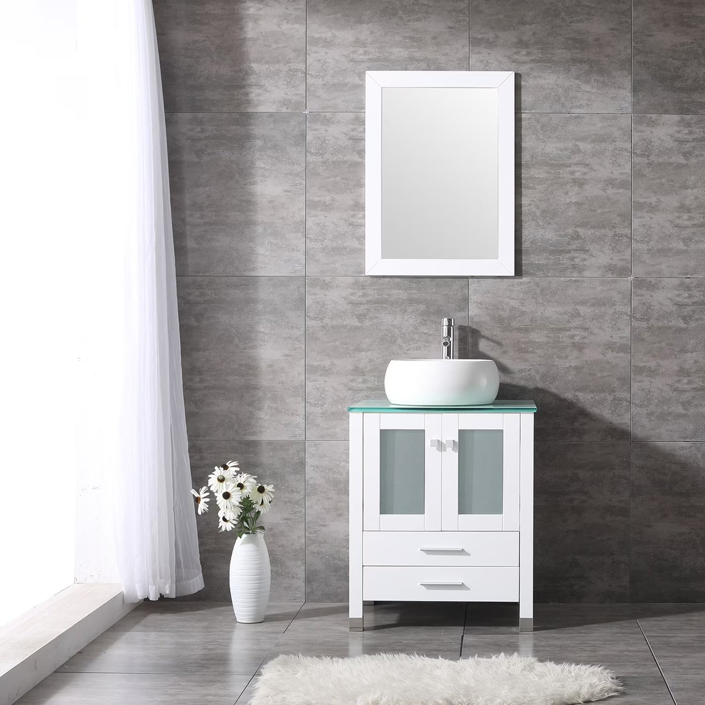 Wonline 24" Bathroom Vanity Cabinet Ceramic Sink Faucet Drain Combo w/ Mirror Set White