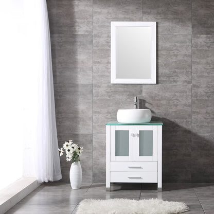 Wonline 24" Bathroom Vanity Cabinet Ceramic Sink Faucet Drain Combo w/ Mirror Set White