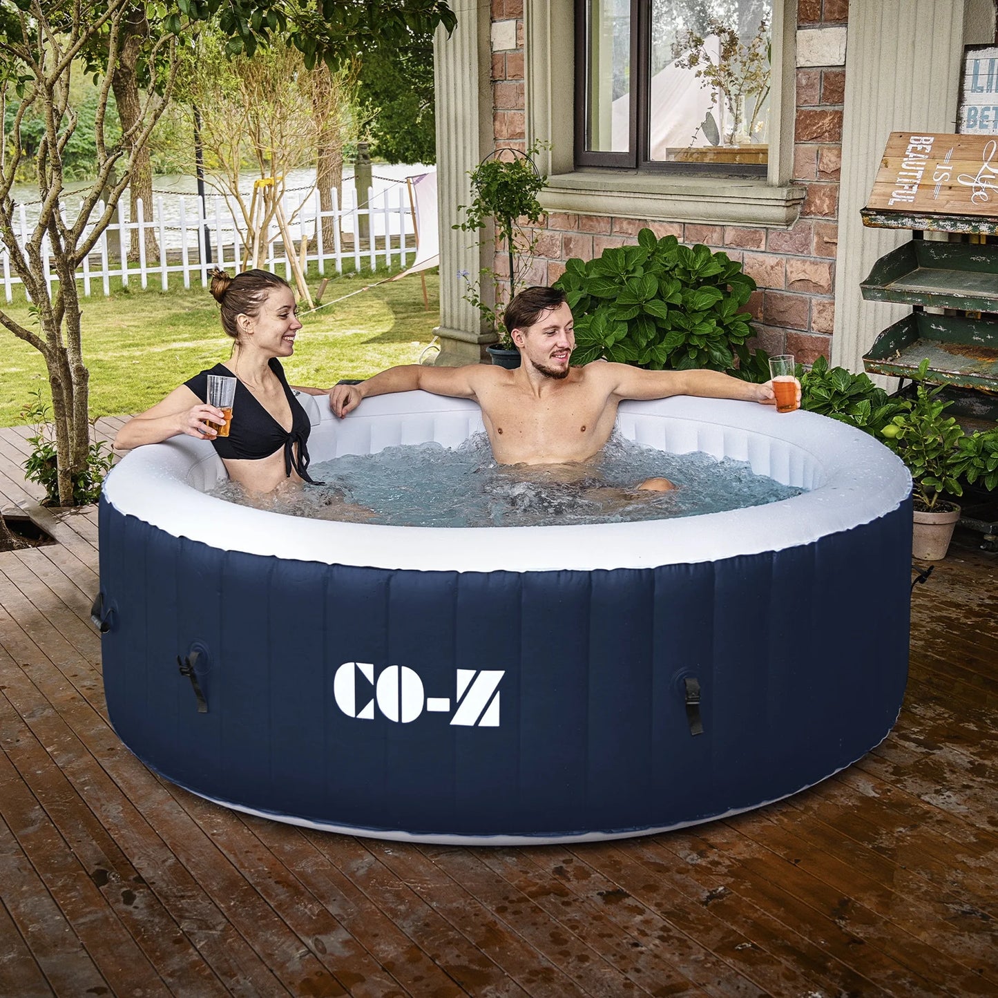 PVC 4-Person Inflatable Bathtub w 120 Jets & Hot Tub Cover for Backyard & More Blue
