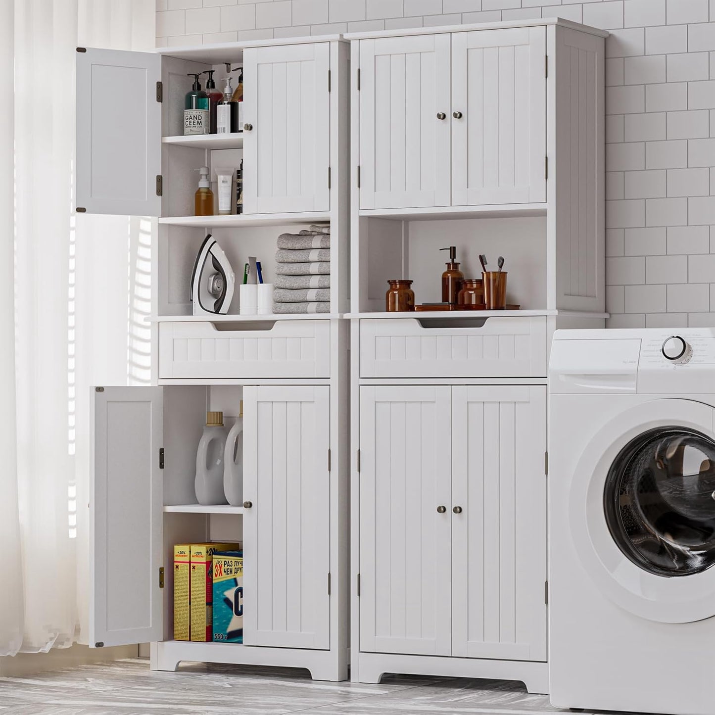 VVFLU Bathroom Storage Cabinet Tall, 67" Linen Cabinet Freestanding, Drawer Doors & Shelves, White