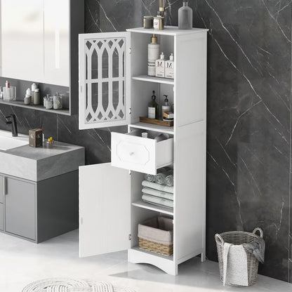 Tall Bathroom Storage Cabinet, Freestanding Storage Cabinet with Drawer and Double Acrylic Doors, Modern Bath Organizer Cabinet with Adjustable Shelf, White