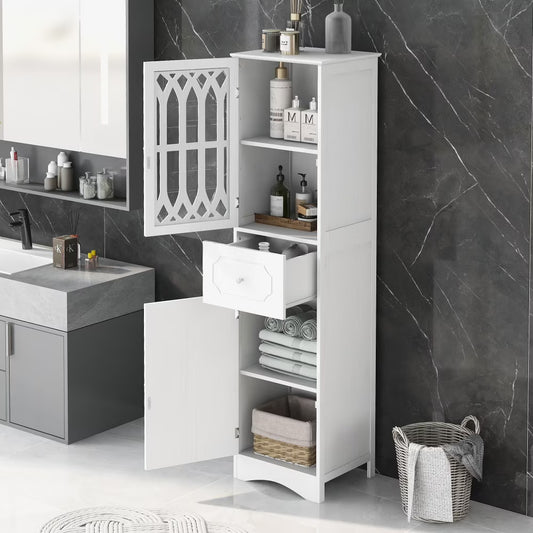 Tall Bathroom Storage Cabinet, Freestanding Storage Cabinet with Drawer and Double Acrylic Doors, Modern Bath Organizer Cabinet with Adjustable Shelf, White