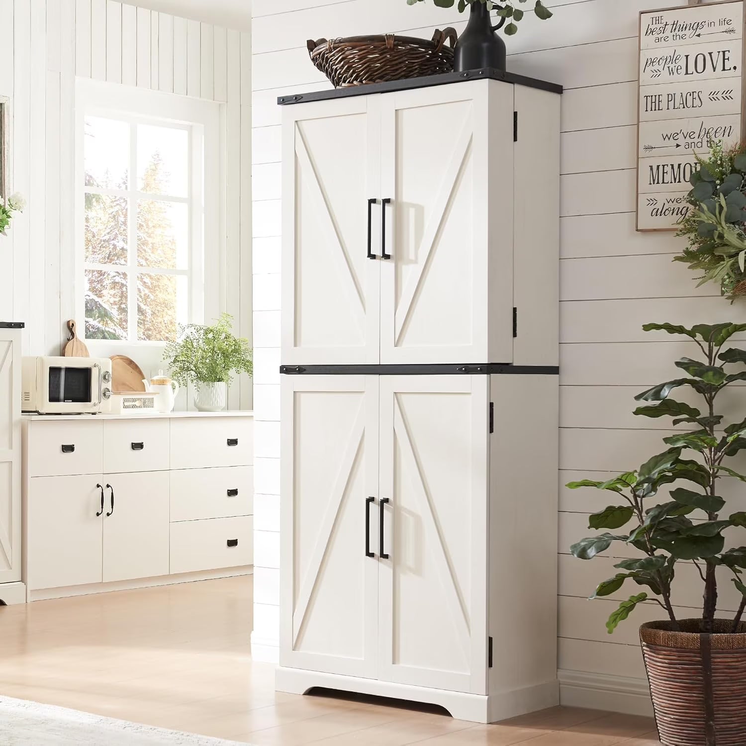 47" Kitchen Pantry, Farmhouse Storage Cabinet with Barn Doors, Organizer and Adjustable Shelves, Rustic Wood Cupboard for Kitchen, Dining Room, Bathroom and Hallway, Black