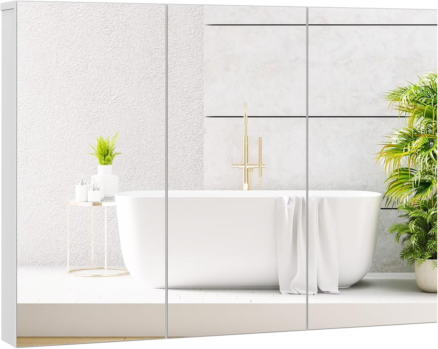 SZWS Mirrored Medicine Cabinet, Large Wide Wall Mounted Storage Cabinet with 3 Mirror Doors & Adjustable Shelf, Hanging Bathroom Organizer, White, 36 x 4.5 x 25.5 Inches