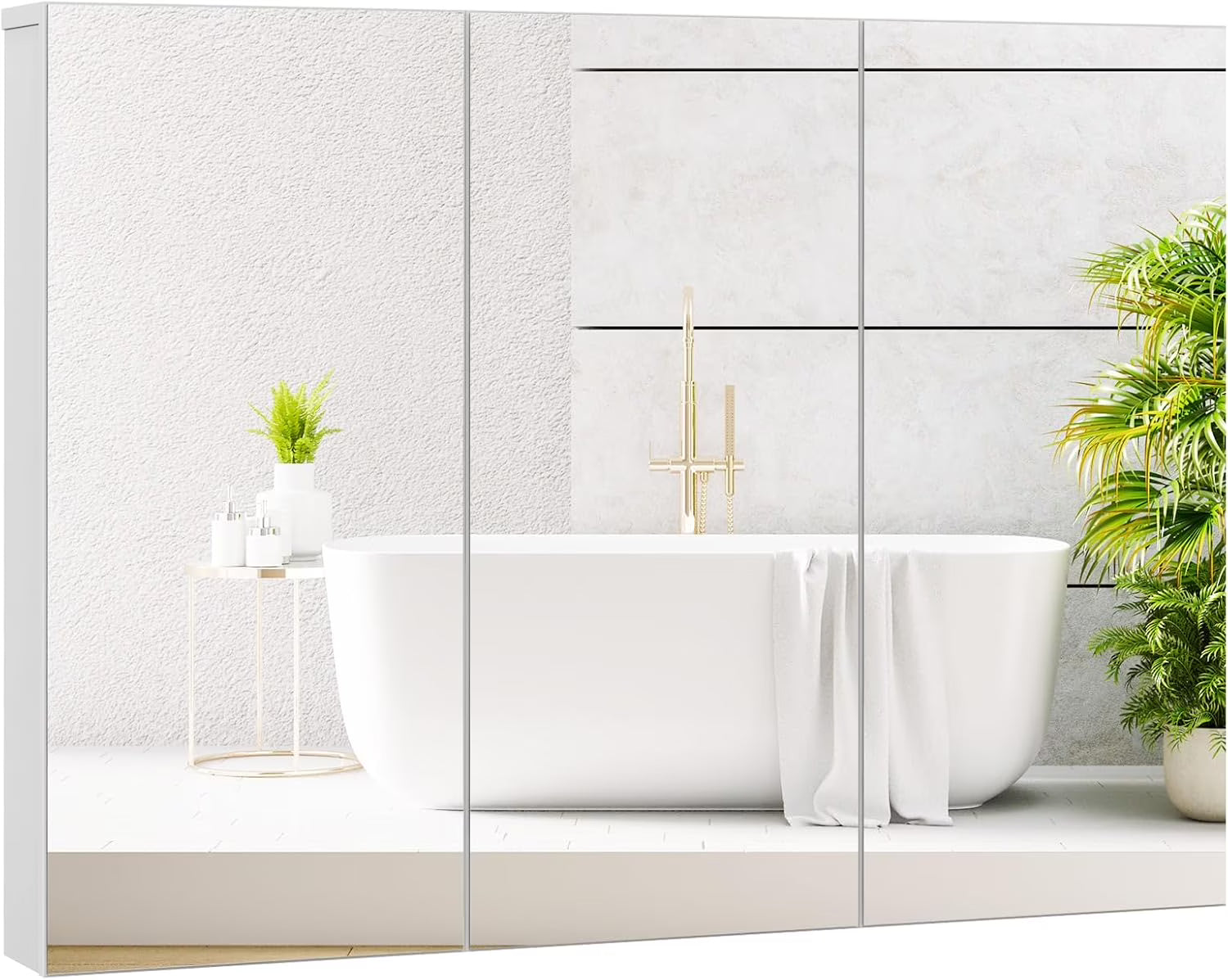 SZWS Mirrored Medicine Cabinet, Large Wide Wall Mounted Storage Cabinet with 3 Mirror Doors & Adjustable Shelf, Hanging Bathroom Organizer, White, 36 x 4.5 x 25.5 Inches