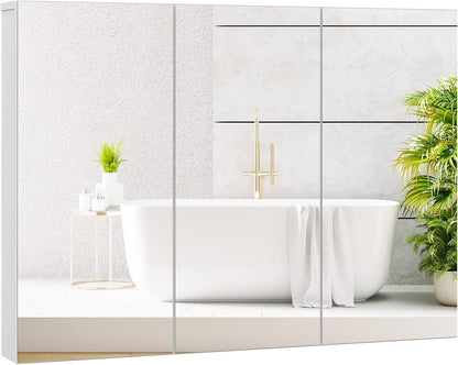 SZWS Mirrored Medicine Cabinet, Large Wide Wall Mounted Storage Cabinet with 3 Mirror Doors & Adjustable Shelf, Hanging Bathroom Organizer, White, 36 x 4.5 x 25.5 Inches