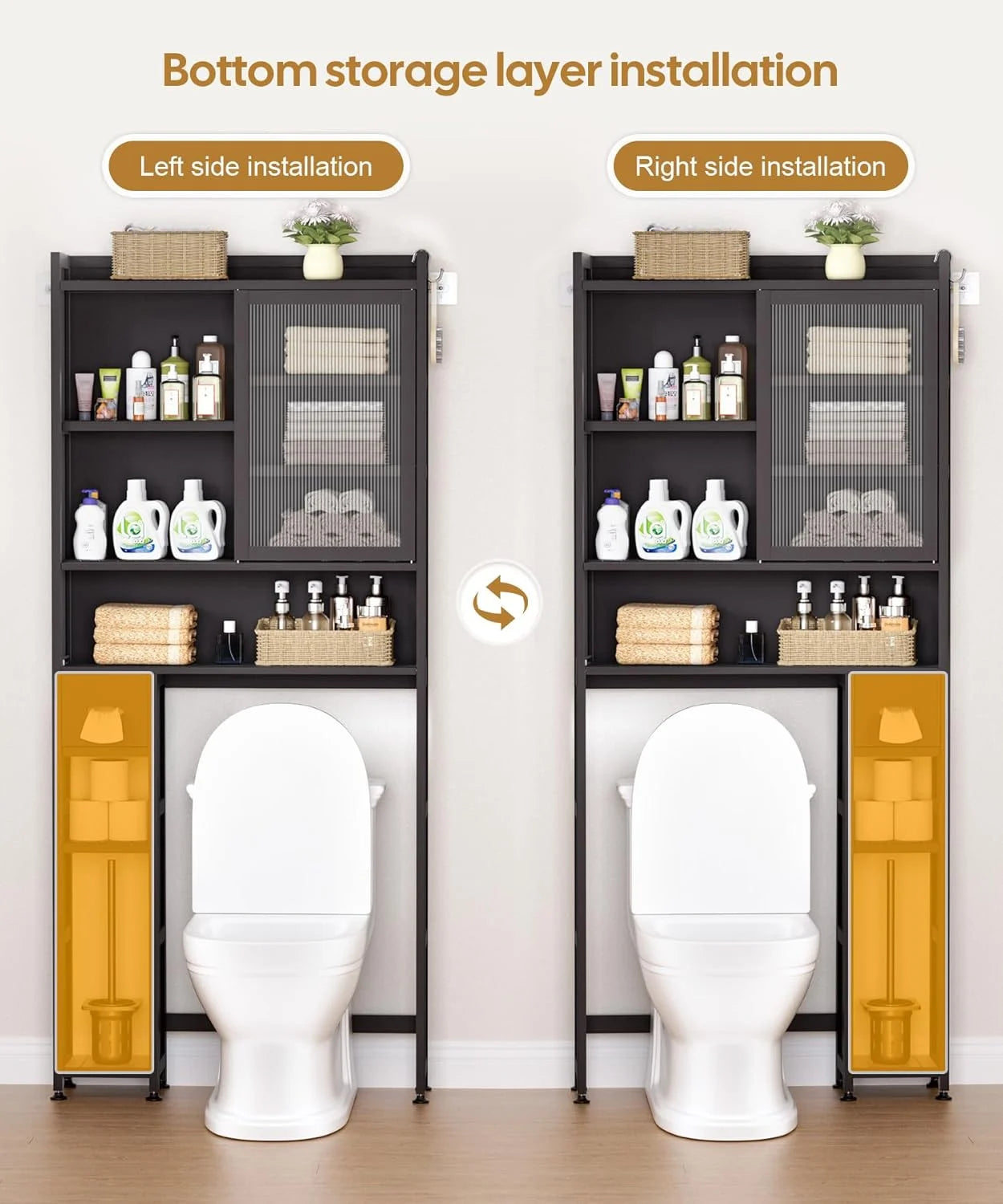 Over The Toilet Storage Cabinet with Acrylic Door Panel and Paper Towel Drawer, Bamboo Space Saver Shelf, Bathroom Organizer Rack Above WC (Without Power Strip, Brown)