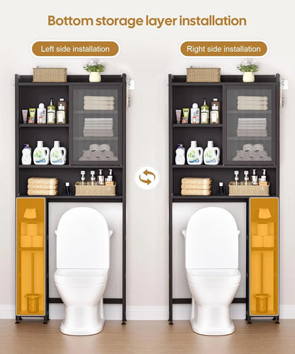 Over The Toilet Storage Cabinet with Acrylic Door Panel and Paper Towel Drawer, Bamboo Space Saver Shelf, Bathroom Organizer Rack Above WC (Without Power Strip, Brown)