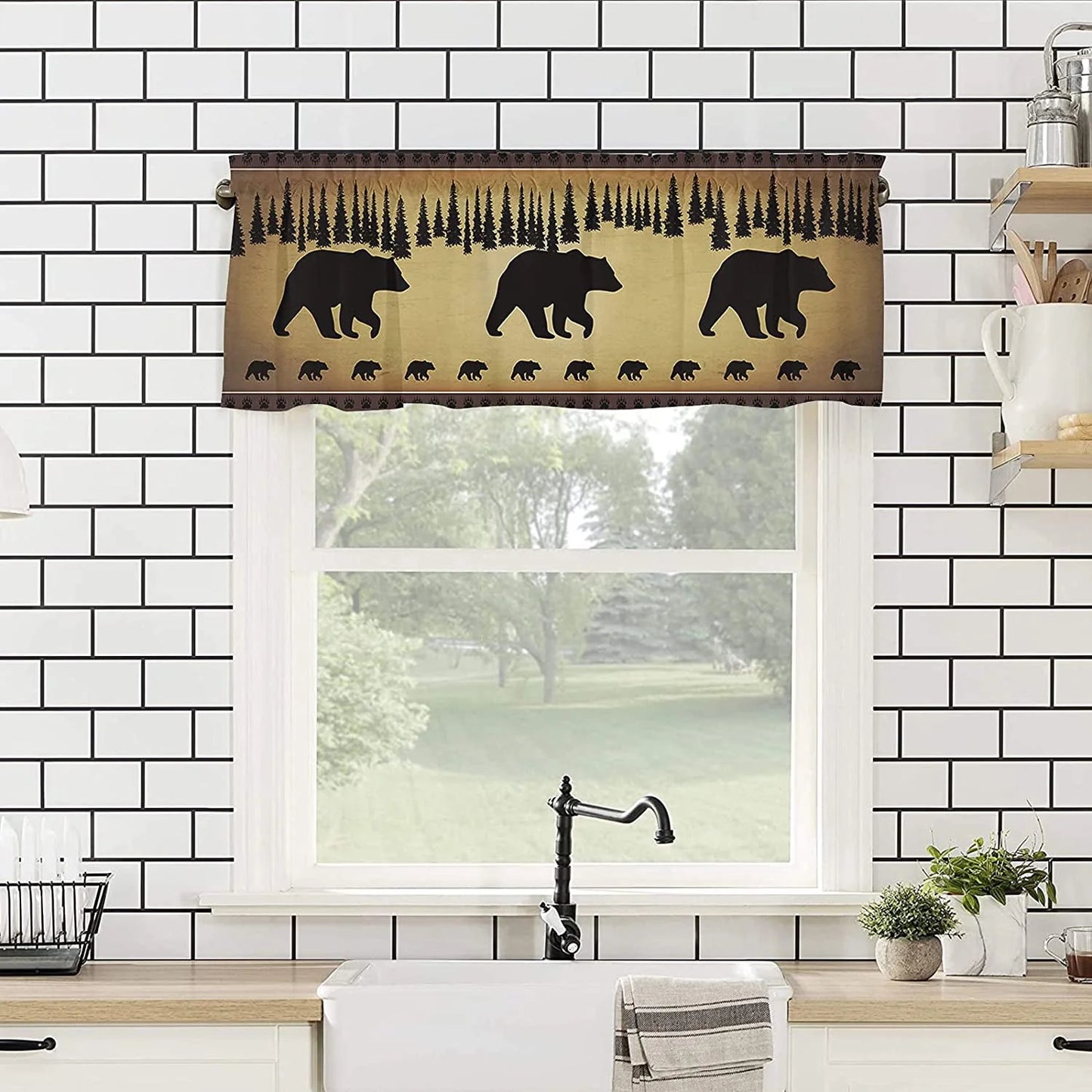 Black Bear Forest Silhouettes Window Valance Curtains, Window Treatment for Kitchen, Bathroom, Bedroom, Vintage Farm Backdrop Rod Pocket Short Curtain 1 Panel, 54x18 in
