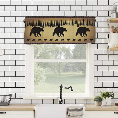 Black Bear Forest Silhouettes Window Valance Curtains, Window Treatment for Kitchen, Bathroom, Bedroom, Vintage Farm Backdrop Rod Pocket Short Curtain 1 Panel, 54x18 in