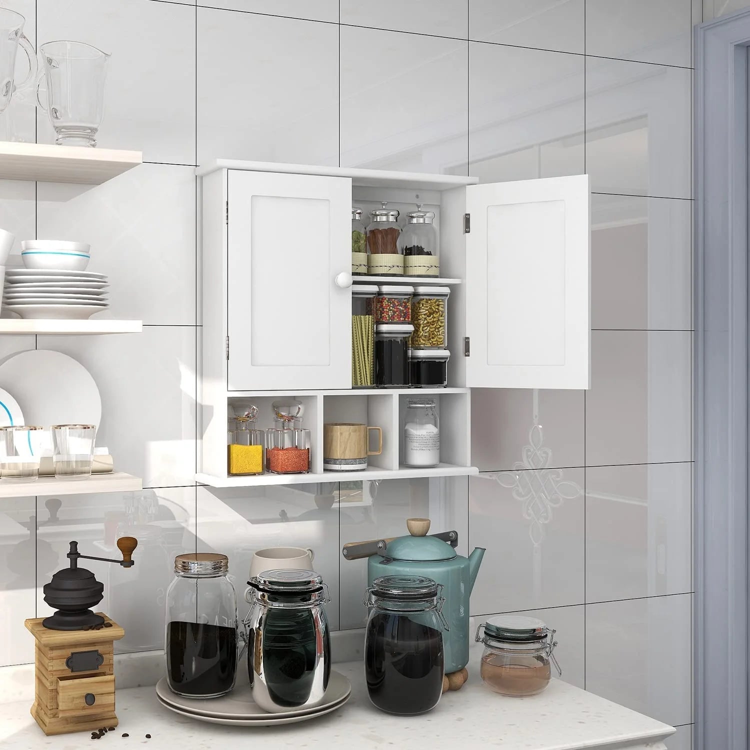 Black Bathroom Cabinet, Wall Mounted 2 Door Storage With Adjustable Shelves, Over The Toilet Medicine Cabinet for Laundry Room Kitchen