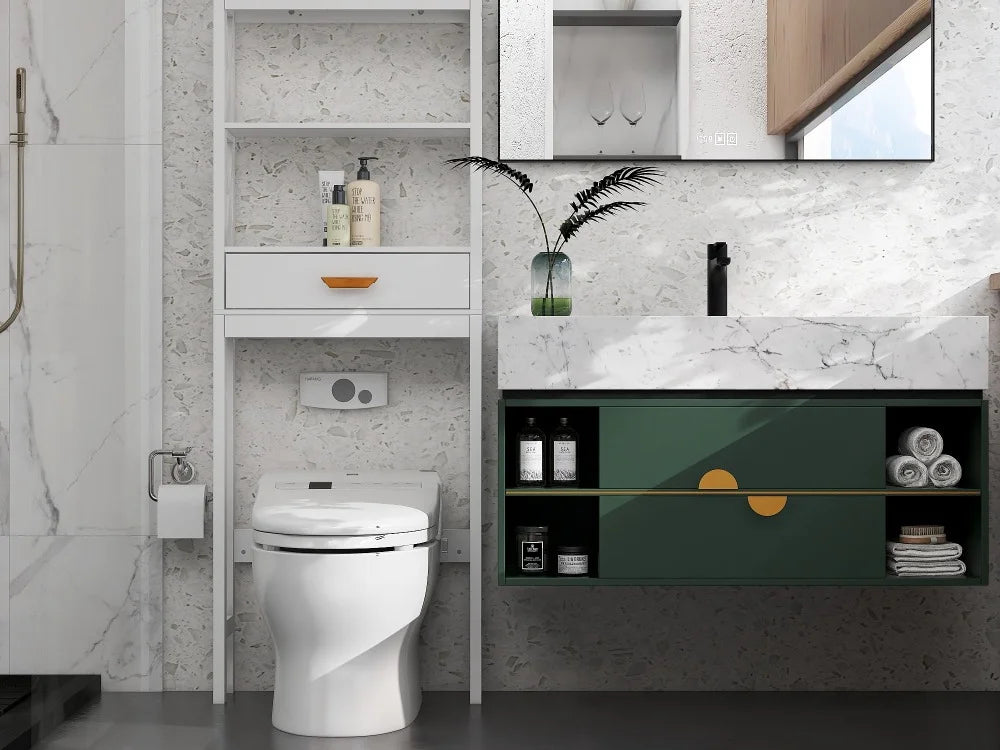 Over The Toilet Storage Cabinet with Drawer and 2 Shelves,Bathroom Space Saver Storage Rack,Toilet Shelf Organizer,White