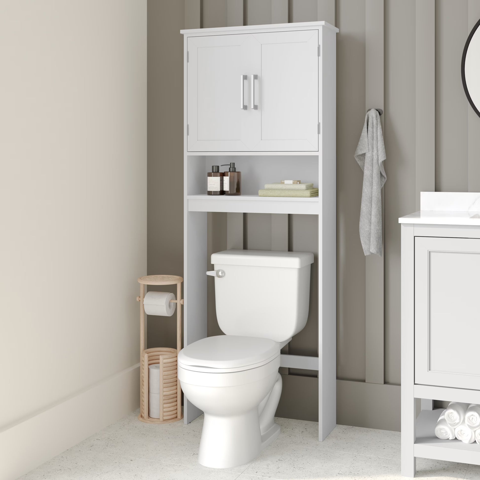 Emma + Oliver Over the Toilet Cabinet Storage Bathroom Organizer with In-Cabinet Adjustable Shelf, Open Lower Shelf, and Dual Magnetic Closure Doors in White