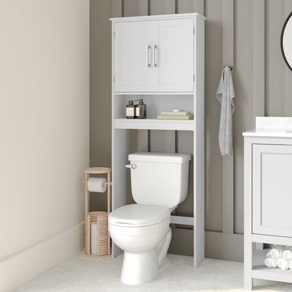 Emma + Oliver Over the Toilet Cabinet Storage Bathroom Organizer with In-Cabinet Adjustable Shelf, Open Lower Shelf, and Dual Magnetic Closure Doors in White