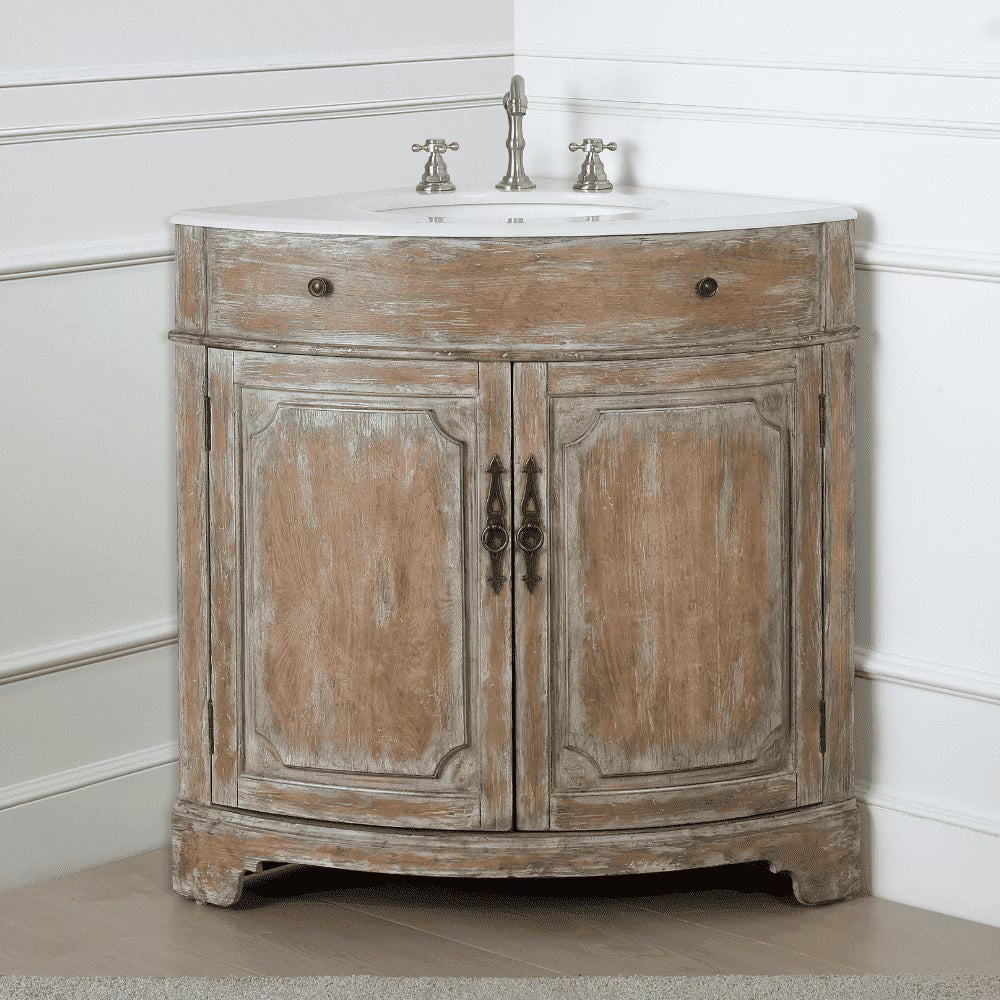 Benton Collection 24" Distressed Gray Corner Bathroom Vanity with White Quartz Top