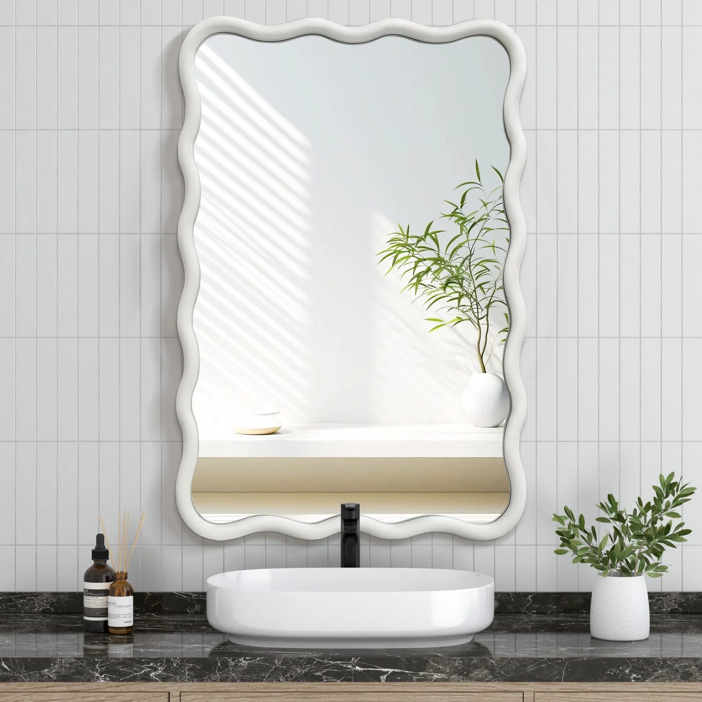 TEWLOSS Wavy Mirrors Wall Mirror, 30"x20" Bathroom Mirror Wood Framed, White