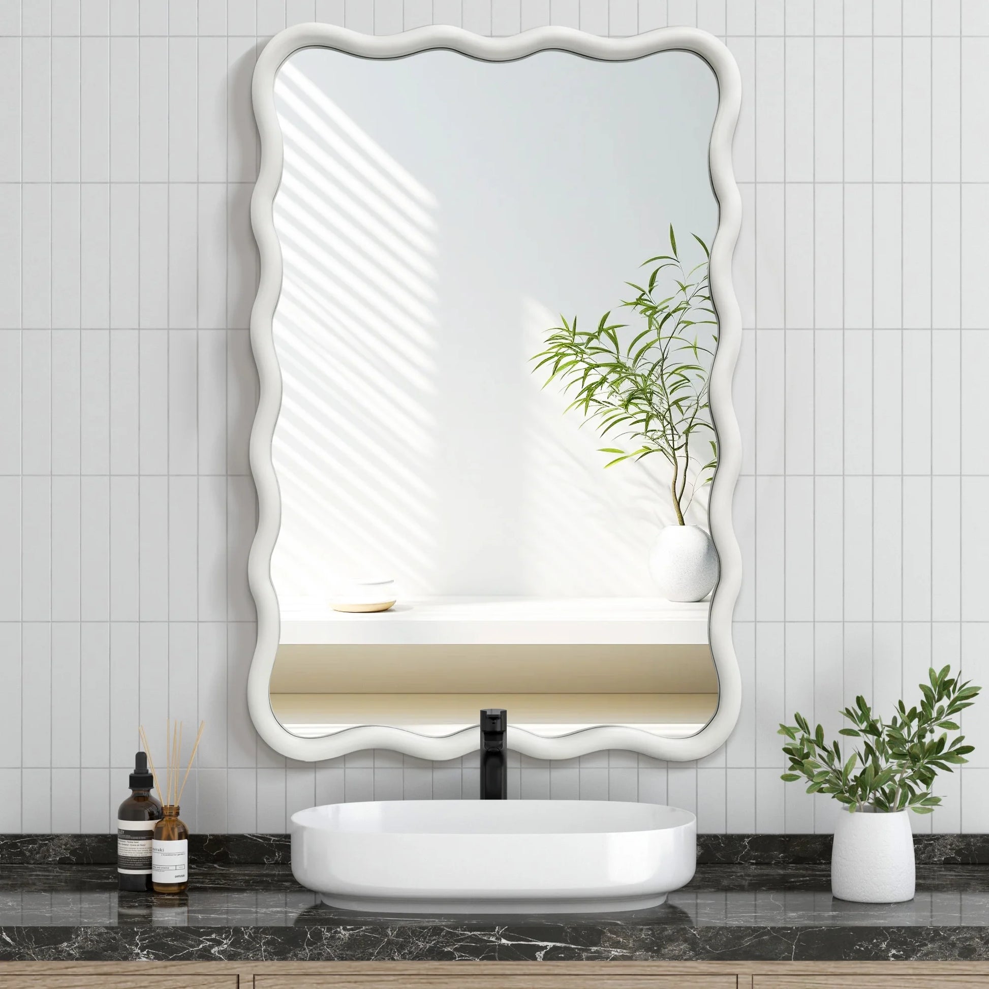 TEWLOSS Wavy Mirrors Wall Mirror, 30"x20" Bathroom Mirror Wood Framed, White