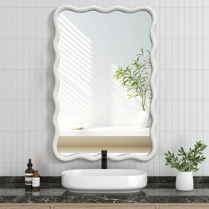 TEWLOSS Wavy Mirrors Wall Mirror, 30"x20" Bathroom Mirror Wood Framed, White