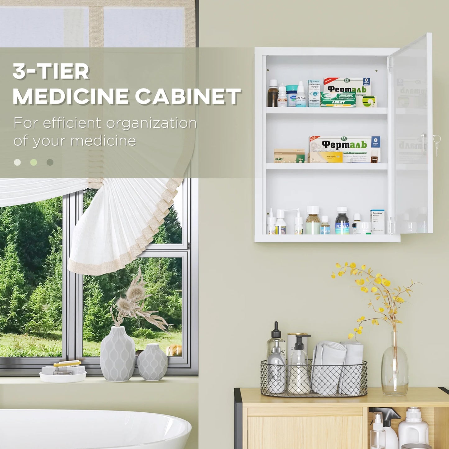 Living Room Cabinets kleankin 16" x 21" Wall Medicine Cabinet with Lock, 3 Tier Steel Locking Wall Cabinet for Bathroom, Kitchen with 2 Keys, White,Primary Living Space Cabinets