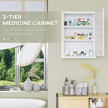 Living Room Cabinets kleankin 16" x 21" Wall Medicine Cabinet with Lock, 3 Tier Steel Locking Wall Cabinet for Bathroom, Kitchen with 2 Keys, White,Primary Living Space Cabinets