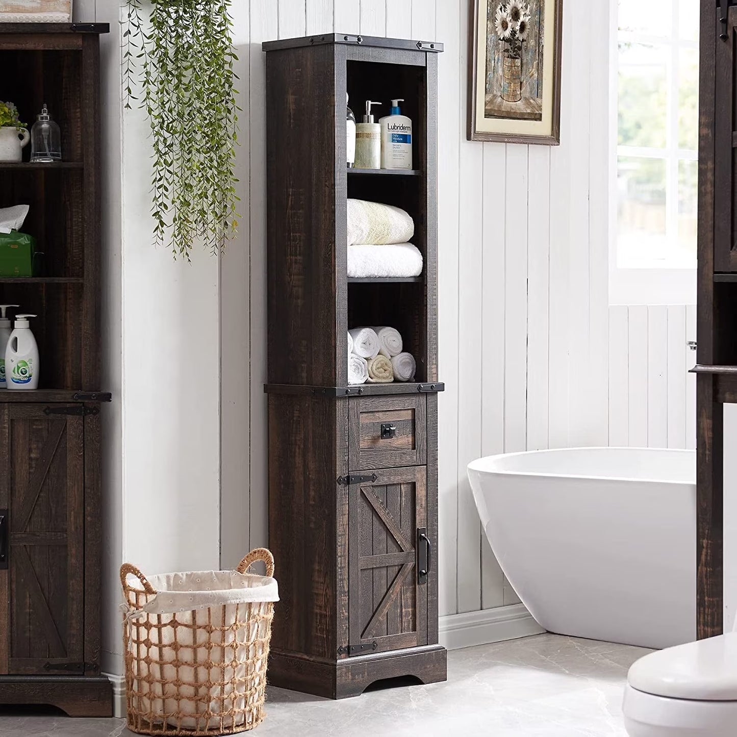 OKD Farmhouse Bathroom Organizers and Storage, Narrow Tall Cabinet Storage Tower with Door and Drawer, Light Rustic Oak