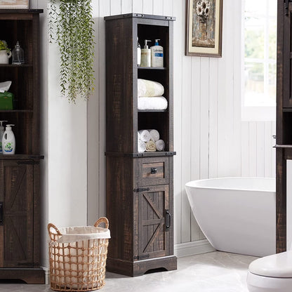 OKD Farmhouse Bathroom Organizers and Storage, Narrow Tall Cabinet Storage Tower with Door and Drawer, Light Rustic Oak