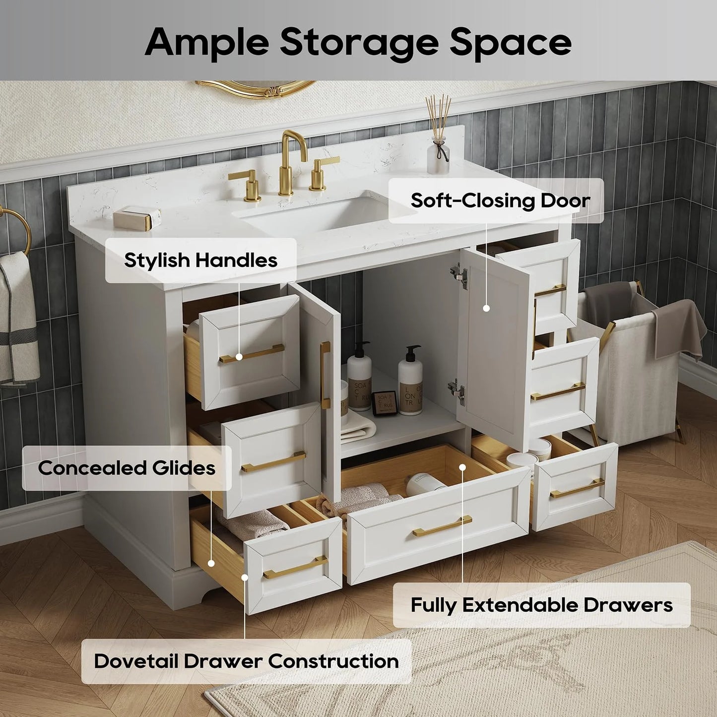 Deluxe Living 48" Bathroom Vanity with Marble Top, Fully-Assembled vanity with Ceramic Sink,Solid Wood Frame,Greige White