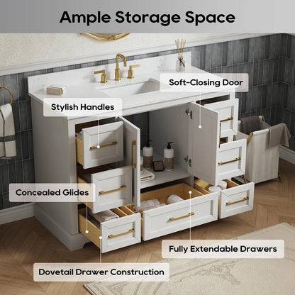 Deluxe Living 48" Bathroom Vanity with Marble Top, Fully-Assembled vanity with Ceramic Sink,Solid Wood Frame,Greige White