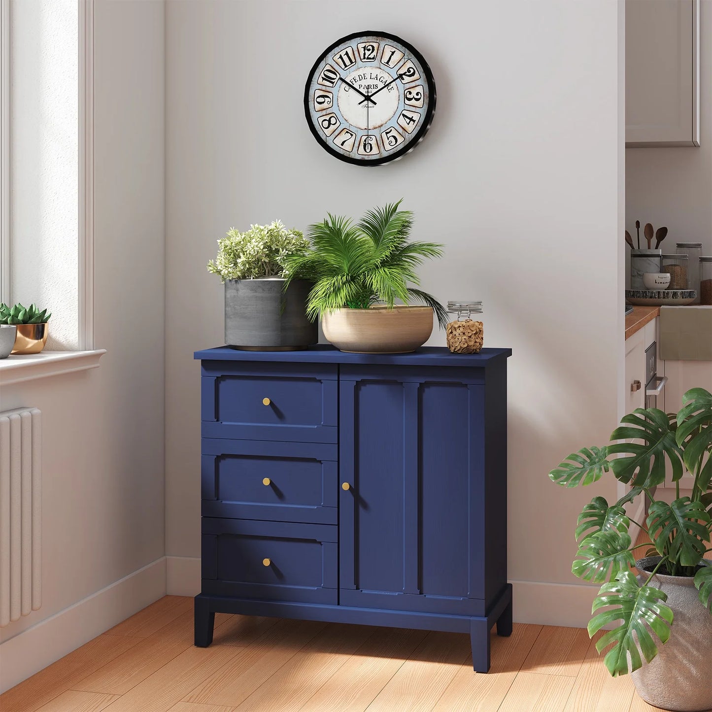 CBJCBJ 31.7"Storage Cabinet, Classical 3 Drawers & 1 Door Design with Gold-Tone Handles, Multi-Use Organizer for Living Room, Kitchen, Bathroom��BLUE)