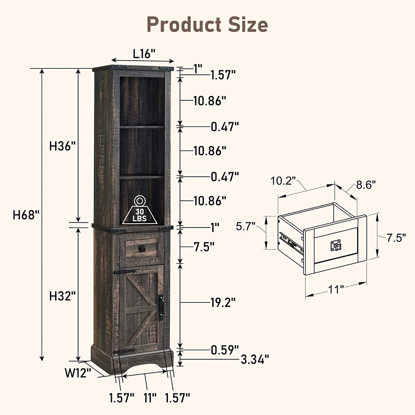 OKD 68" H Farmhouse Bathroom Storage Cabinet Organizer with Adjustable Shelves and Drawer, Dark Rustic Oak