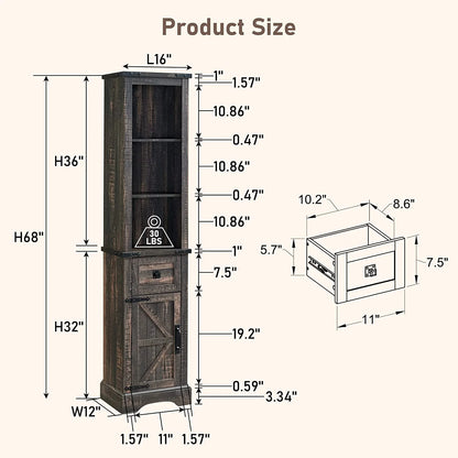 OKD 68" H Farmhouse Bathroom Storage Cabinet Organizer with Adjustable Shelves and Drawer, Dark Rustic Oak
