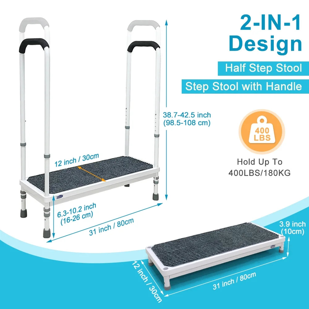 Step Stool with Handle for Elderly Medical Step Stools Seniors Handicap High Beds Mobility Platform Steel Foot Steps With Handrails Ramp Assist for Car, Bedside, Shower, Bathtub