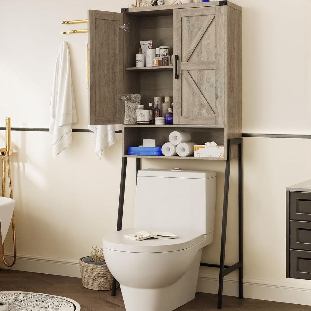Vabches Over The Toilet Storage Cabinet, 68" H Farmhouse Freestanding Bathroom Storage Organizer with Double Doors & Storage Shelves