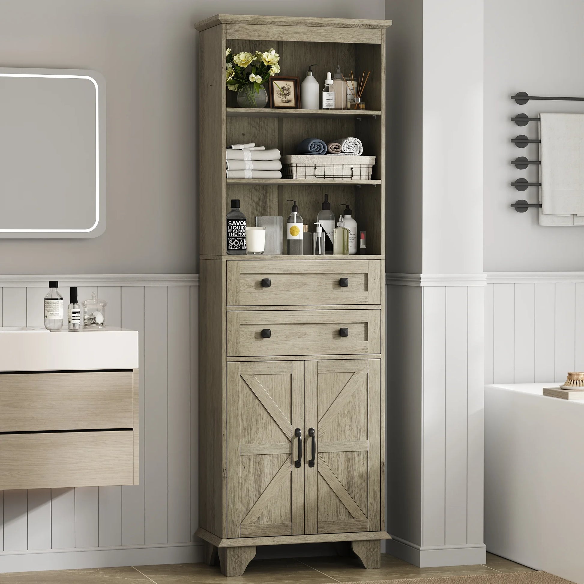 IDEALSOUL Tall Storage Cabinet, 72" Farmhouse Bathroom Storage with 2 Drawers, Adjustable Shelves & Barn Door, Cabinet for Bathroom, Living Room, Kitchen, off-White
