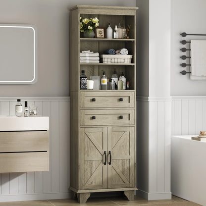 IDEALSOUL Tall Storage Cabinet, 72" Farmhouse Bathroom Storage with 2 Drawers, Adjustable Shelves & Barn Door, Cabinet for Bathroom, Living Room, Kitchen, off-White
