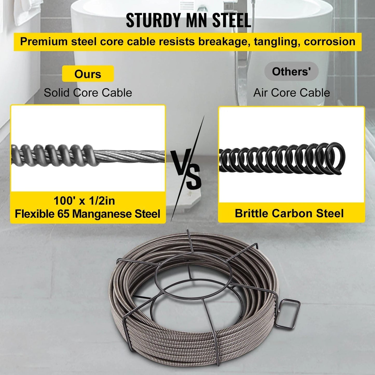 1/2 x 100ft Solid Drain Spiral Cable - Heavy Duty Serpentine Pipe for Kitchen/Bathroom Sink Clogged, Sewer Cleaning Tool