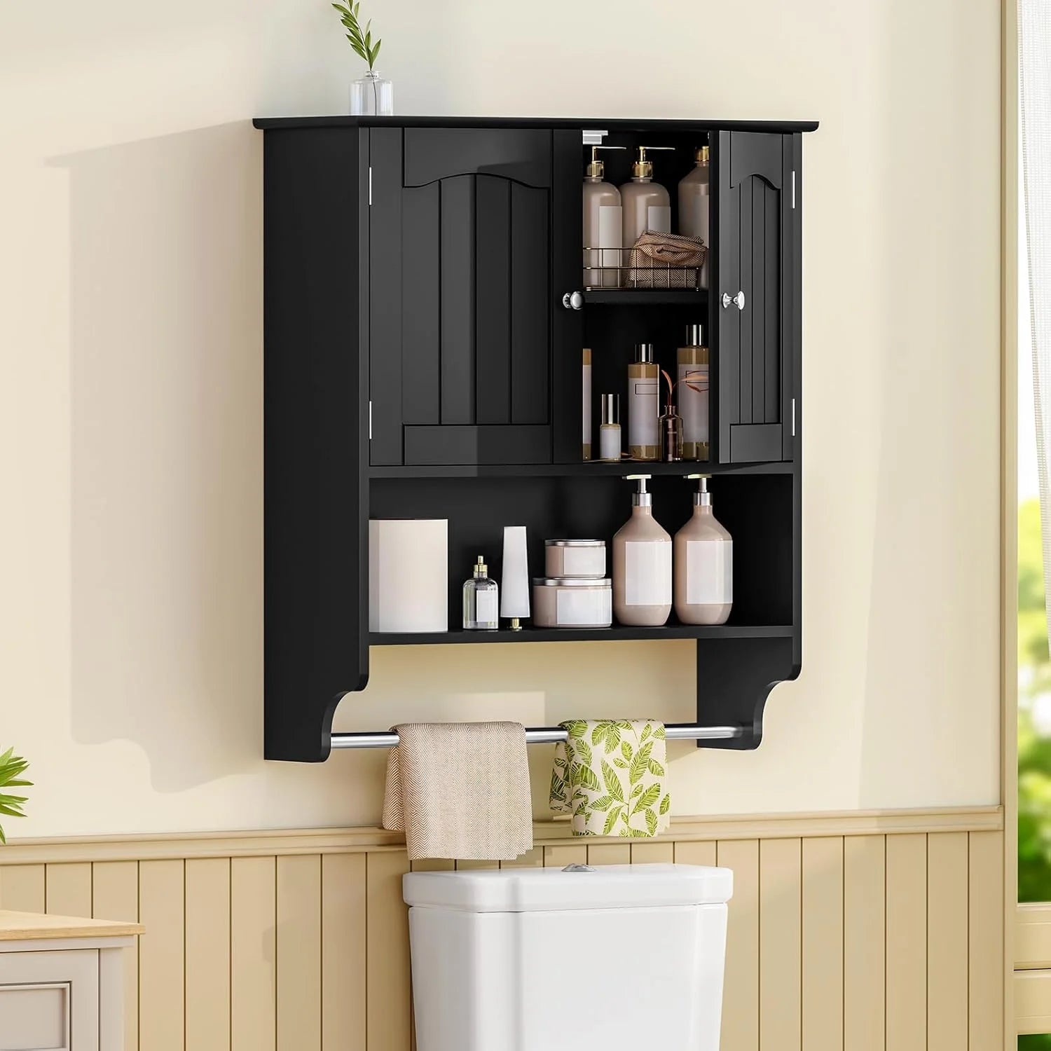 Bathroom Wall Cabinet with Adjustable Shelf & Doors, Over The Toilet Storage Cabinet, Medicine Cabinet for Bathroom, Laundry Room, Kitchen, Black