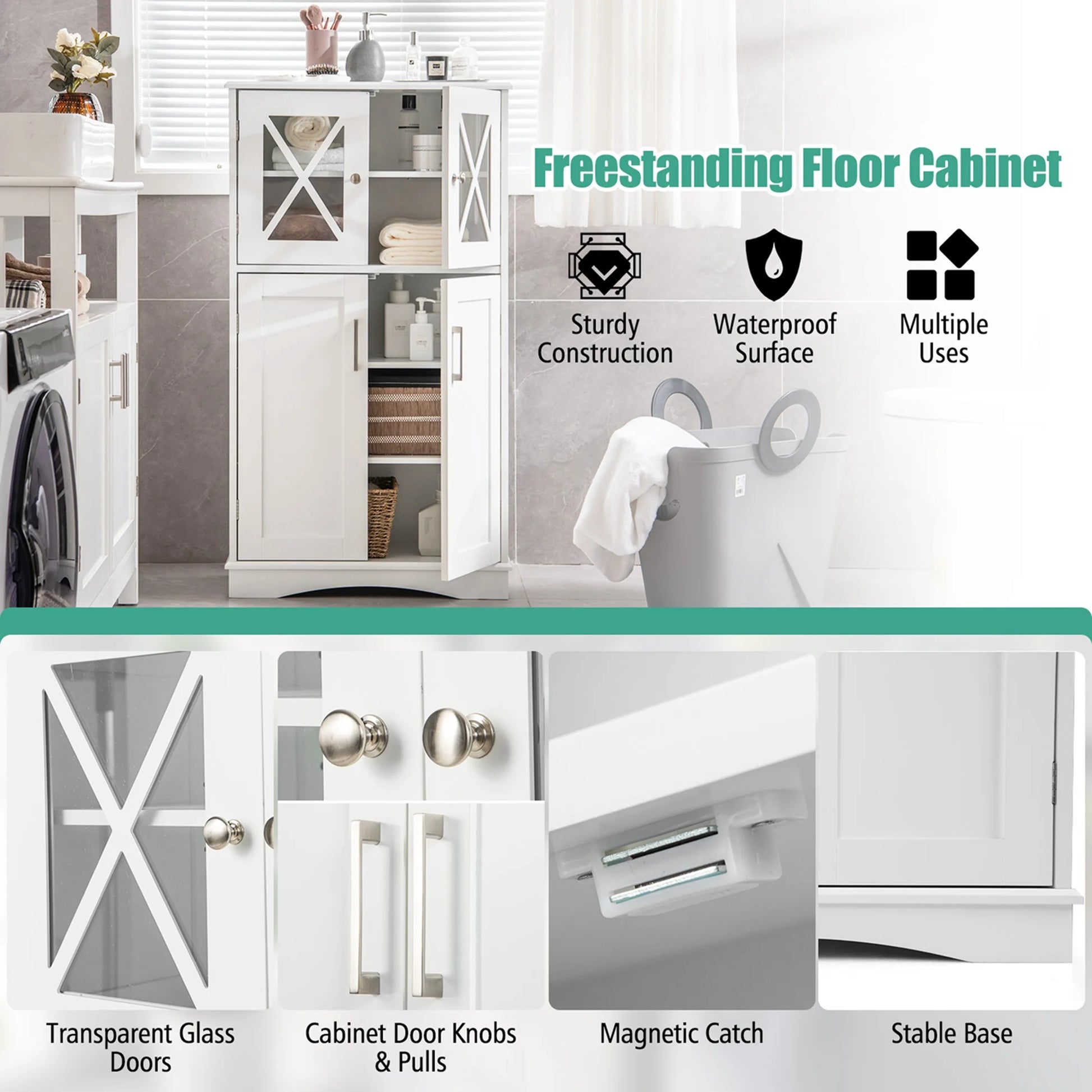 Costway Bathroom Storage Cabinet Linen Storage Cabinet with Doors and Adjustable Shelves White