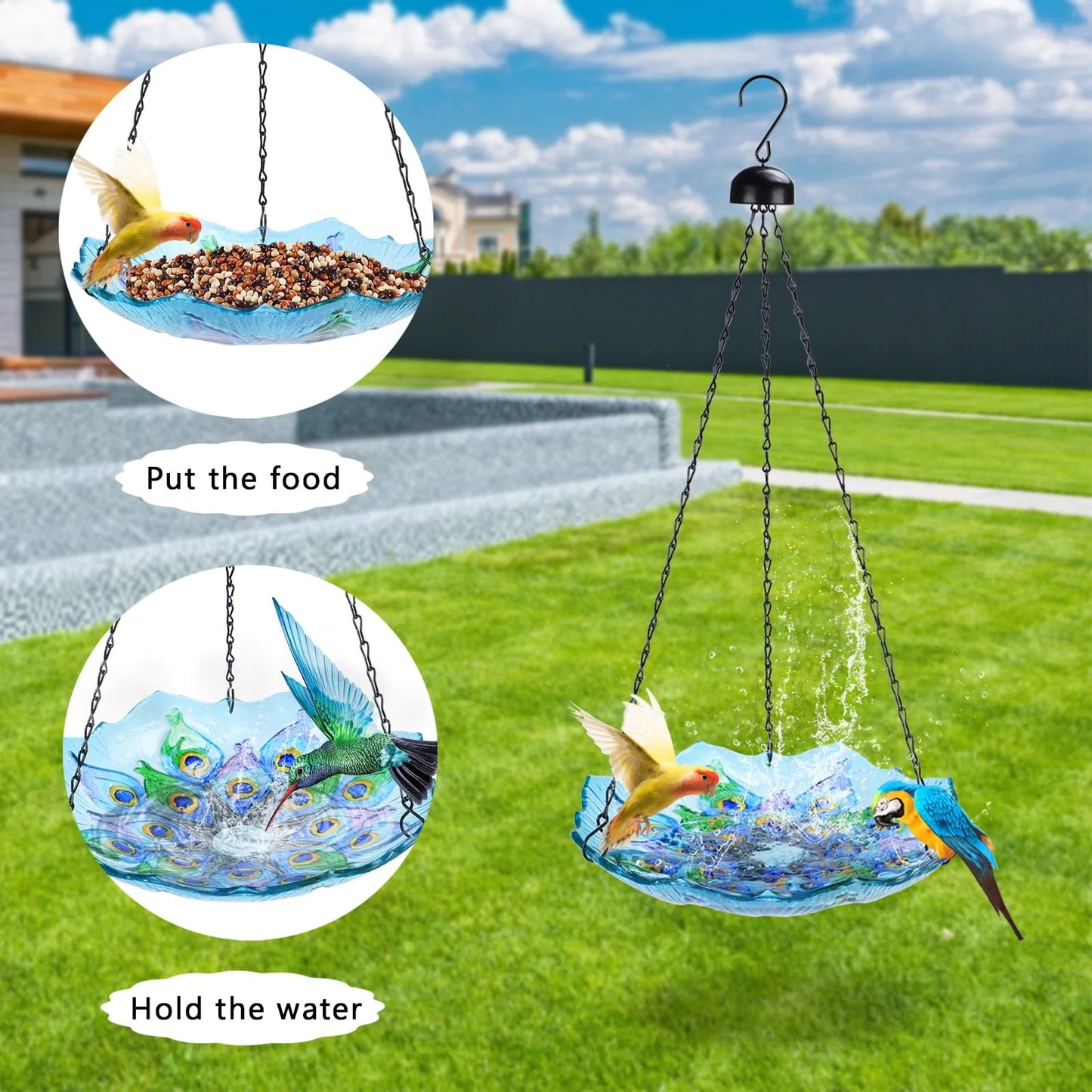 Hanging Peacock Bird Bath Glass for Garden,Yard,Patio Decoration