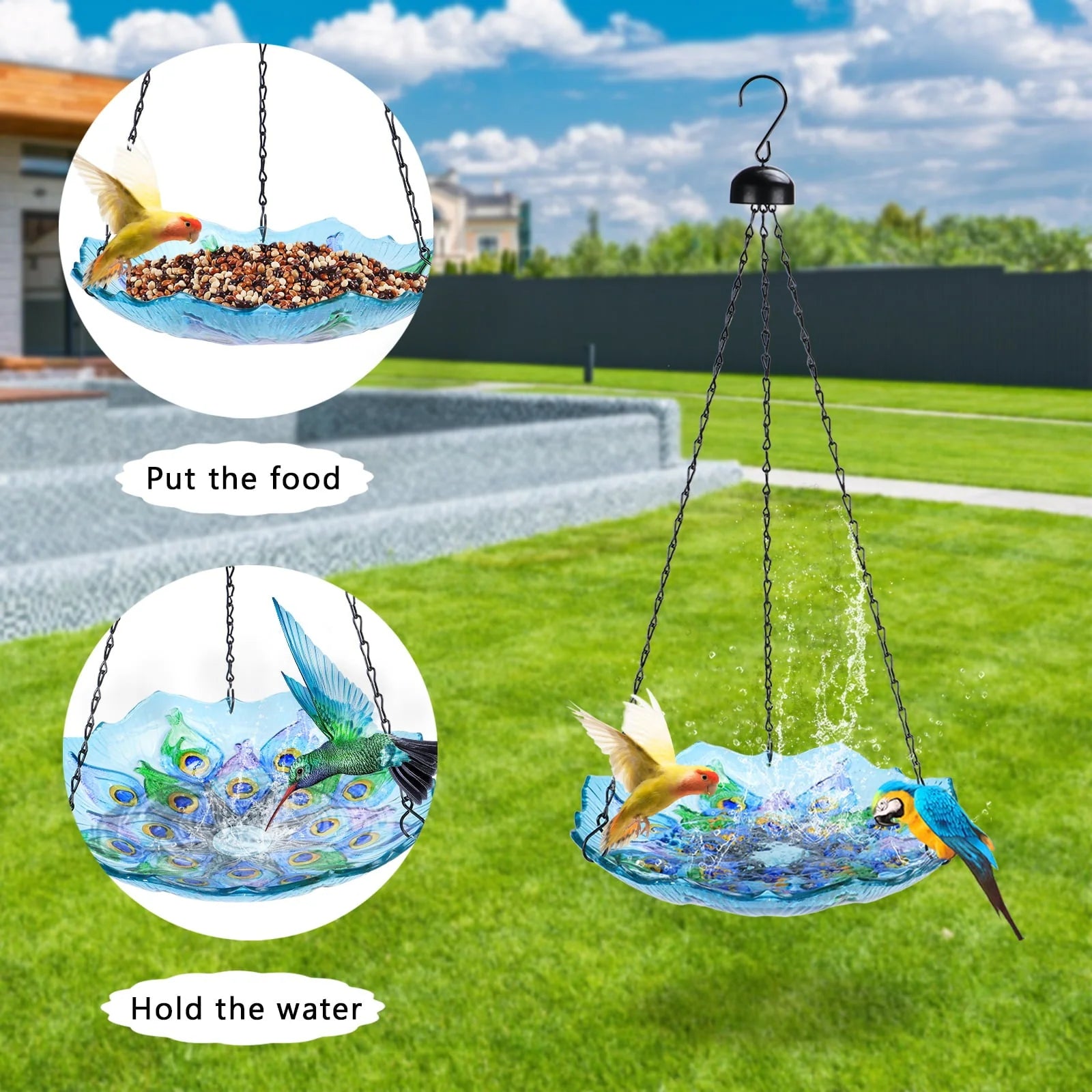 Hanging Peacock Bird Bath Glass for Garden,Yard,Patio Decoration