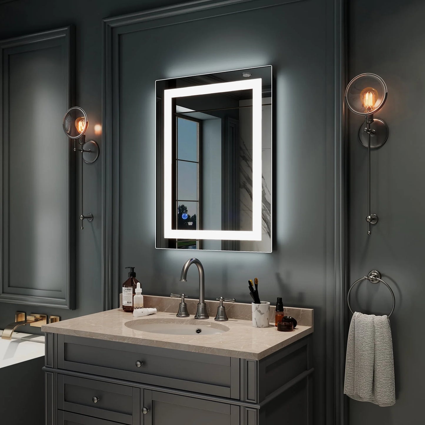 Zimtown Touch LED Bathroom Mirror Rectangle Light Strip Lighted Mirror 32x24 Silver