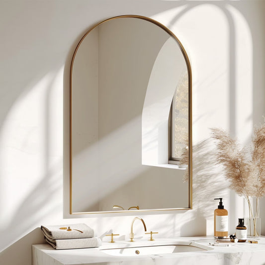 Soges 36" x 24" Arched Bathroom Mirror Cabinet Medicine Cabinet with 2 Adjustable Shelves, Recess or Surface Mounted Installation,,Gold