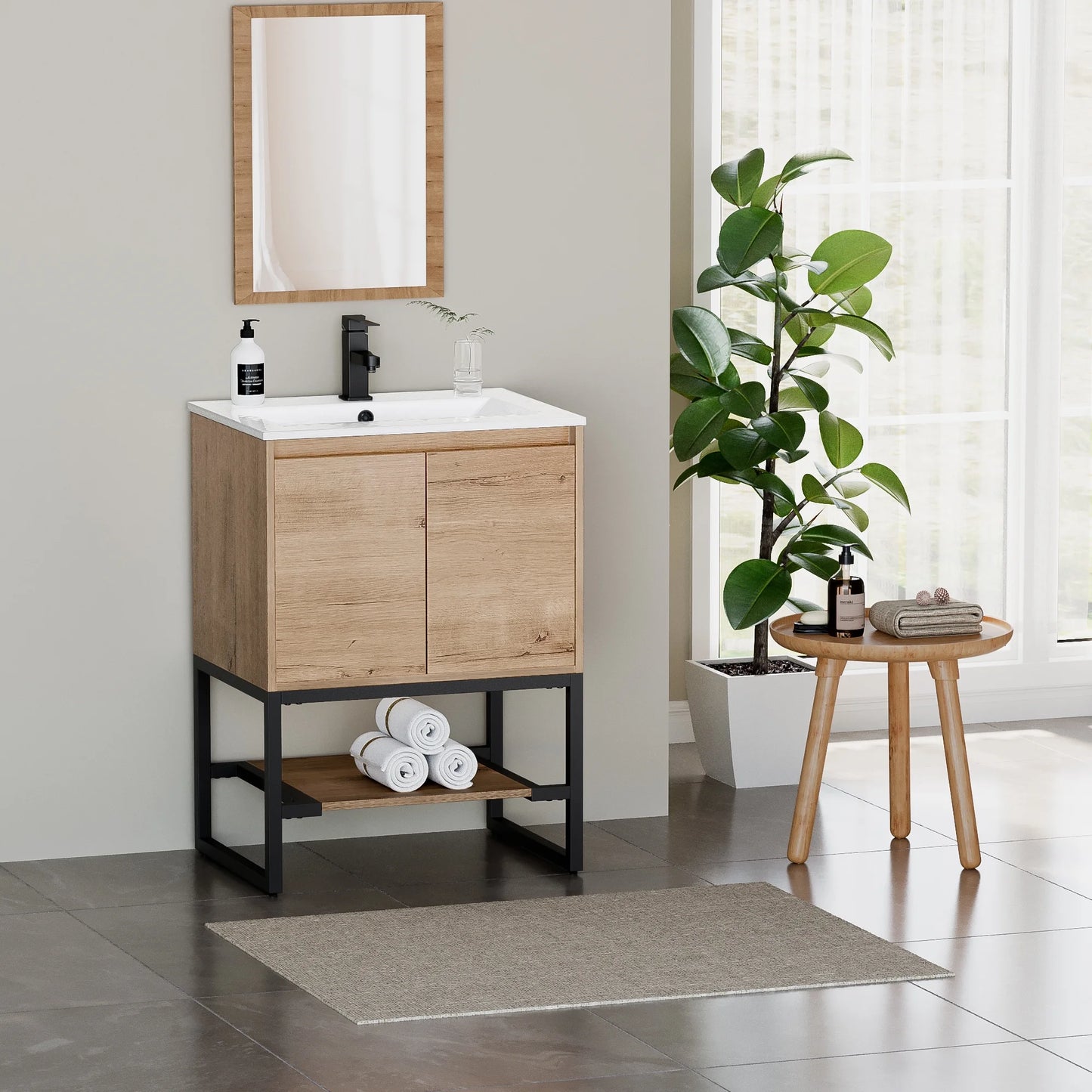 Eclife 24 Inch Freestanding Bathroom Vanity with Drop-In Sink Top, Water Efficient Faucet, Fast Drain, Overflow with Tiny Backsplash